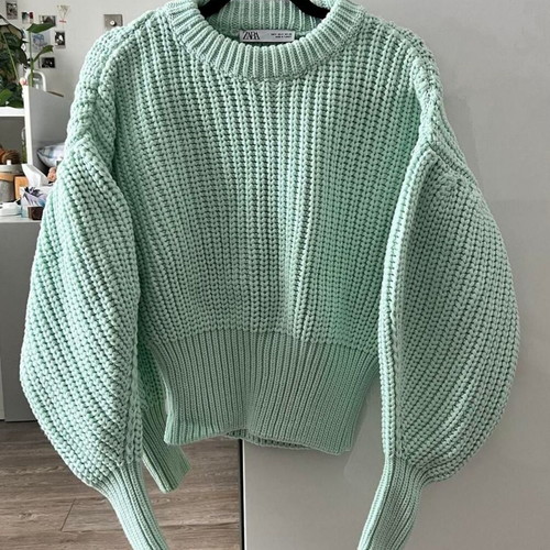 Zara chunky sweater mint green with puff sleeves S used