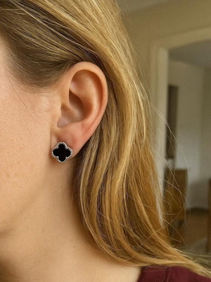 Silver Black Clover stud earrings new, minimal chic luxury style