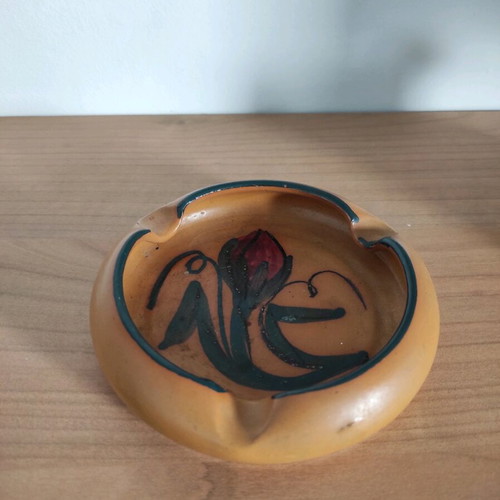Vintage handmade ceramic ashtray in earthy colors with flower motif like new