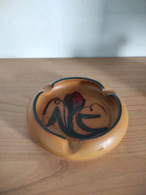 Vintage handmade ceramic ashtray in earthy colors with flower motif like new