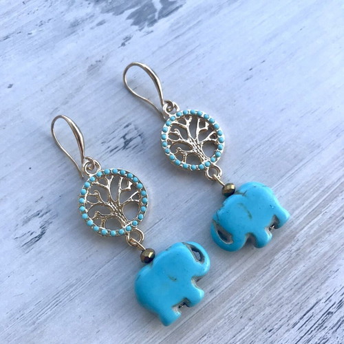 Earrings with elephants and gold metal tree of life new