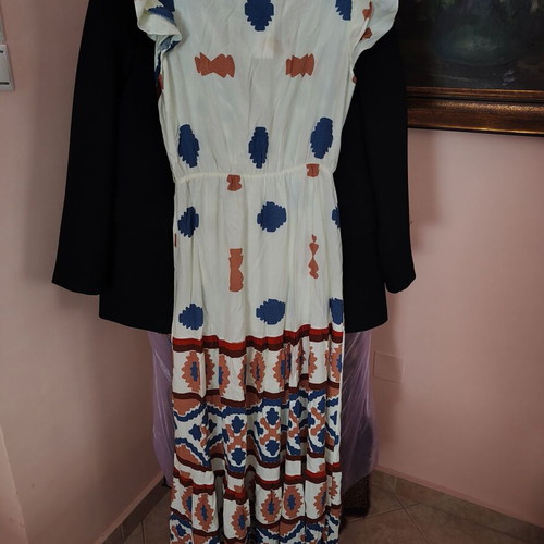 Shoko long summer dress with archaeological pattern, beige and blue