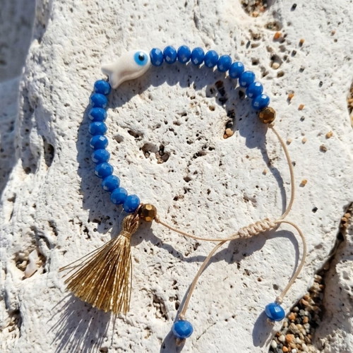 Set of 2 bracelets with ceramic eye and fish, lava and crystals
