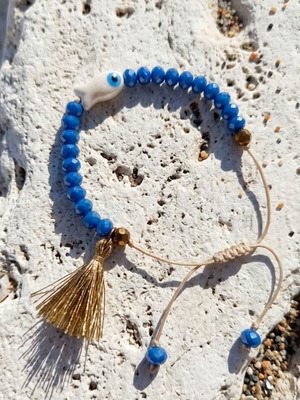 Set of 2 bracelets with ceramic eye and fish, lava and crystals