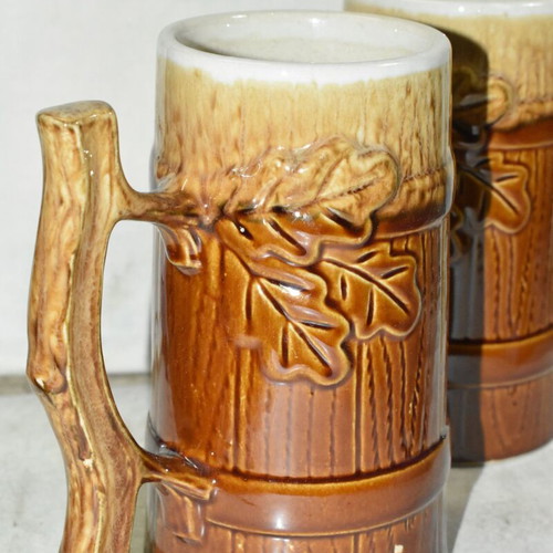 Set of 2 vintage ceramic beer mugs used with rustic wood and leaf design
