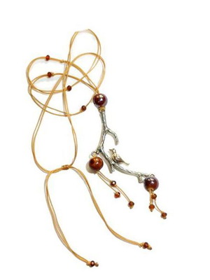 Songbird necklace pendant with artificial macrame, new, beige and brown