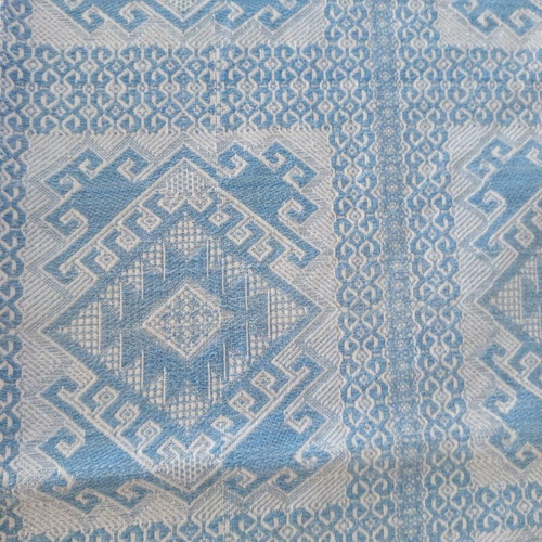 Woven Jacquard Tablecloth used, blue with geometric vintage cotton design