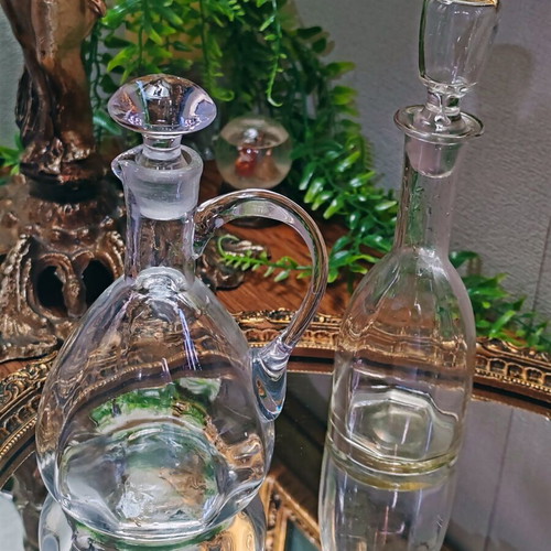 Vintage French glass cruet set for oil and vinegar with ground stoppers