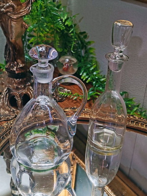 Vintage French glass cruet set for oil and vinegar with ground stoppers