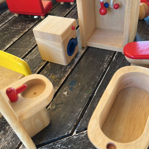 Wooden dollhouse furniture set used, red-brown
