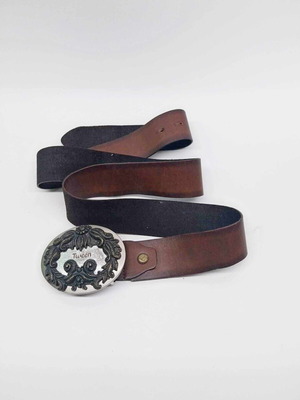 Leather belt used with metal embossed buckle, brown