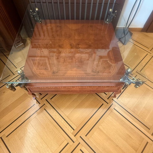 Marquetry coffee table used, Spanish, cherry wood