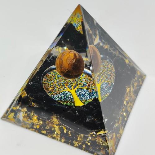 Handmade Orgonite Pyramid with Tiger's Eye and Tree of Life