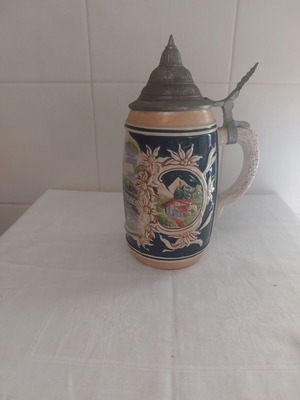 Handmade decorative jug from Geneva like new, faience with tin lid