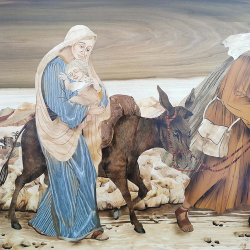 Intarsia woodcarving artwork like new, The Flight into Egypt from 17 woods