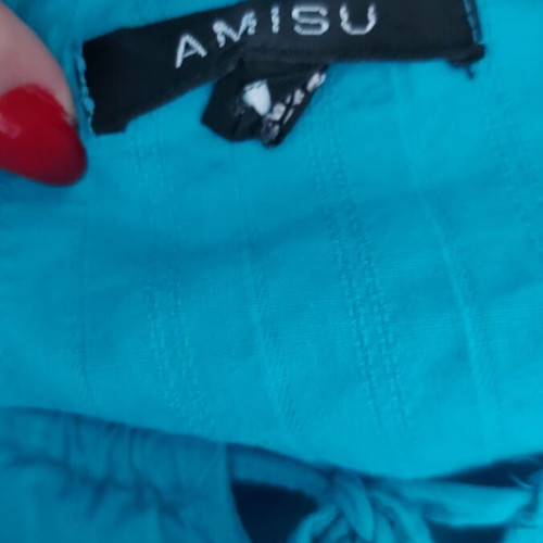 Amisu turquoise cotton tunic blouse with puff sleeves