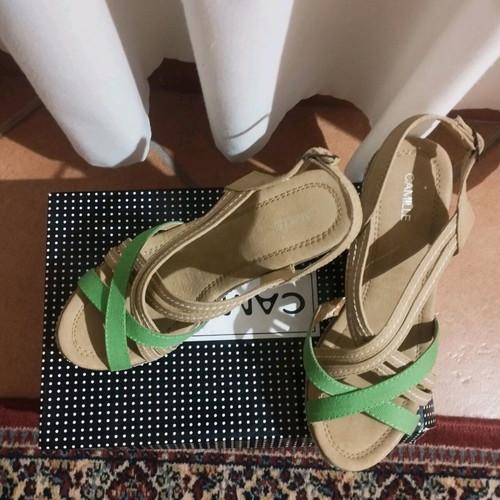 Camille fabric platform sandals used, beige and green, size 37