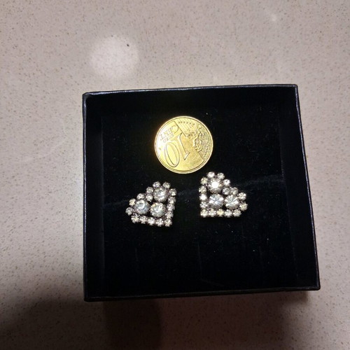 Vintage 90s Heart-Shaped Earrings with Rhinestones, Like New, Silver Color