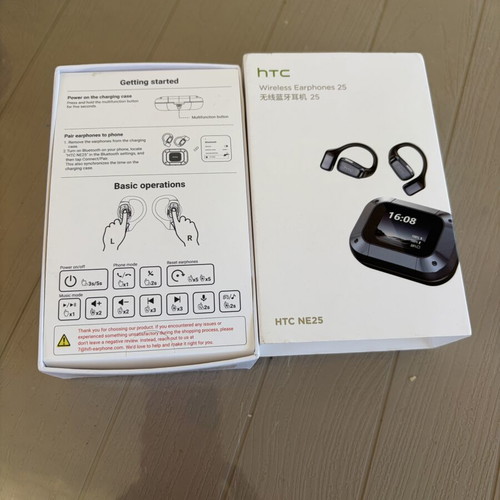 HTC NE25 wireless earphones with smart touchscreen case and AI translation