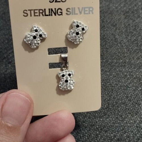 Sterling Silver 925 Bear Jewelry Set with Earrings and Pendant