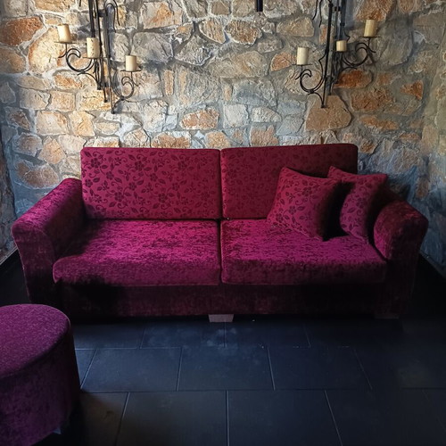 Sofa bed with ottoman and mattress like new, burgundy velvet