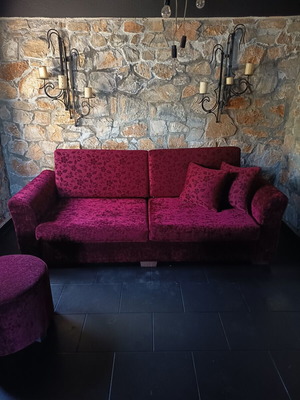 Sofa bed with ottoman and mattress like new, burgundy velvet