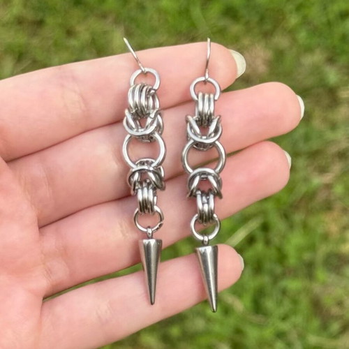 Chainmail steel dangling earrings handmade, new, silver color