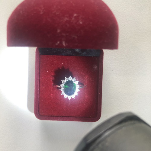 Silver ring with green and white zircon like new