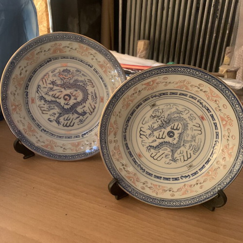 Vintage Chinese decorative plates used, set of two with stands