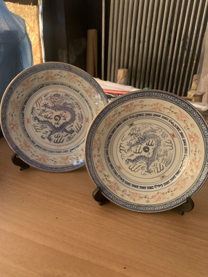 Vintage Chinese decorative plates used, set of two with stands