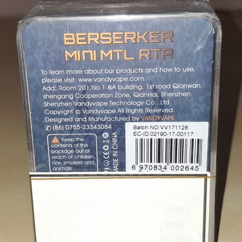 Vandy Vape Berserker Mini MTL RTA new, rebuildable 22mm atomizer