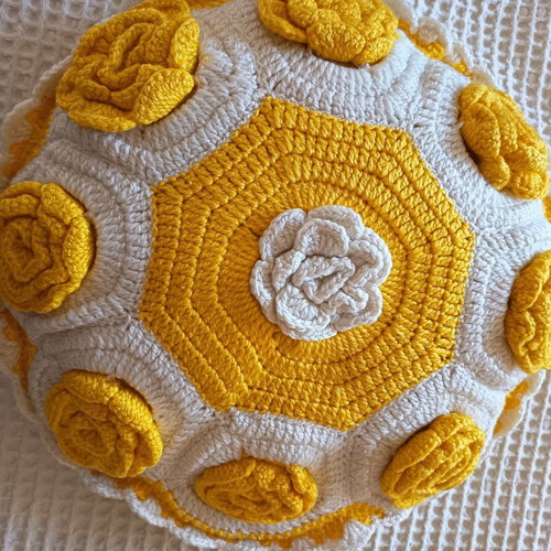 Vintage handmade crochet decorative pillow white and yellow 50 cm