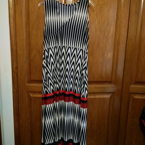 Long summer dress used with stripes and faux wrap design