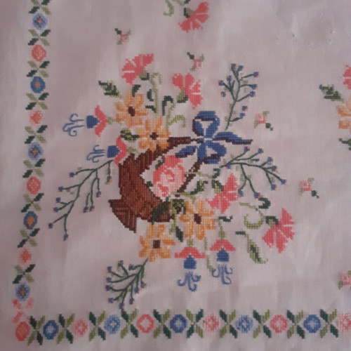 Hand-embroidered cross-stitch tablecloth, 63x58 cm