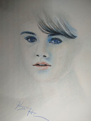 Girl with watercolor pencils new, painting on paper 30x40 cm