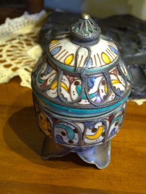 Container used from North Africa, Morocco, glazed terracotta and tin