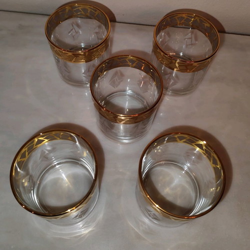 Whiskey or water glasses used, Italian made, gold decoration set of 5