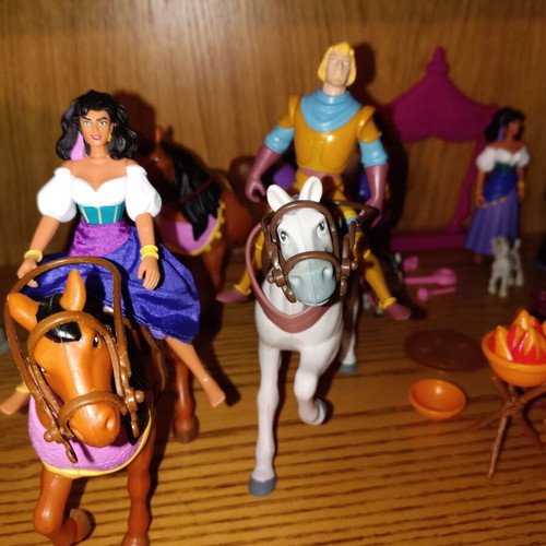 Mattel Disney Hunchback Notre Dame figure lot with Esmeralda, Phoebus, Frollo, gargoyles, horses