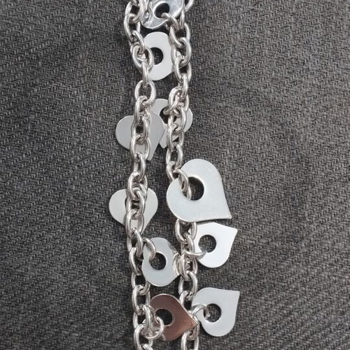 Charm bracelet with double chain and hanging hearts, like new, silver-tone