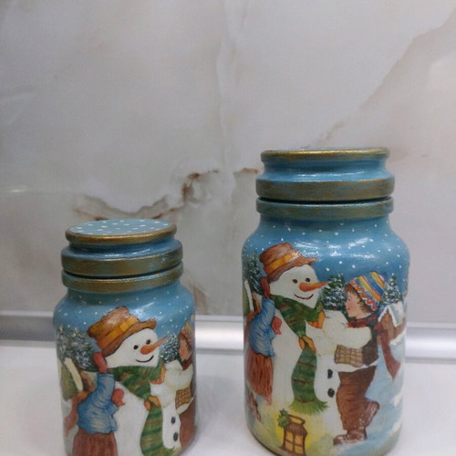 Handmade decorative glass vases with decoupage and acrylic paint