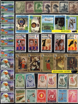 Stamps small collection Greece, Belgian Congo, South Arabia, Bulgaria, Paraguay, Mauritania, Upper Volta