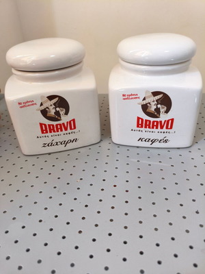 Vintage Bravo Coffee Greece porcelain coffee and sugar containers, 90 years anniversary