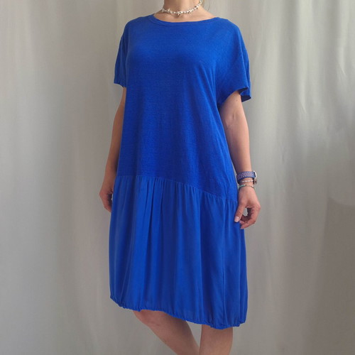 Poetry women's boho dress in linen and silk, size 44 / XXL, blue
