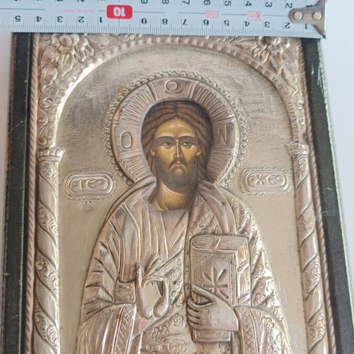 Silver Icon 950 Jesus Christ Pantocrator used, Byzantine replica