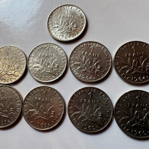 France 1 franc coin used, set 1960, 1964, 1968