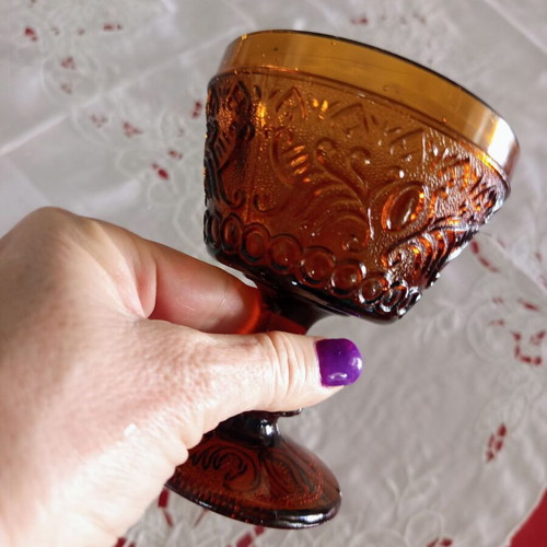 Vintage Amber glass tumbler with embossed patterns like new