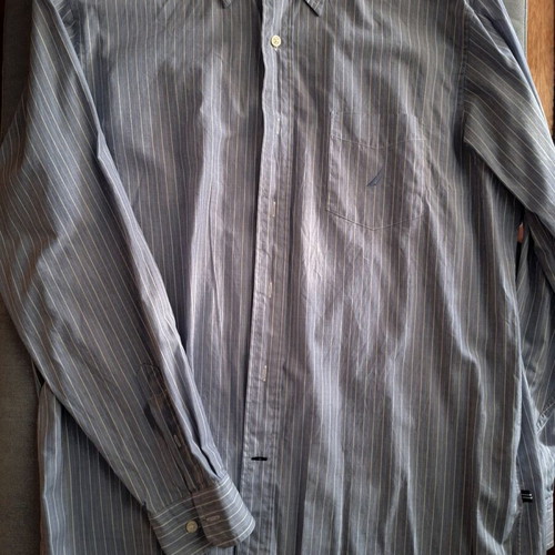 Nautica men's used long-sleeve striped shirt L white gray
