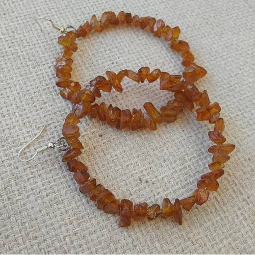 Large Handmade Earrings with Brown Semi-Precious Stone Chips