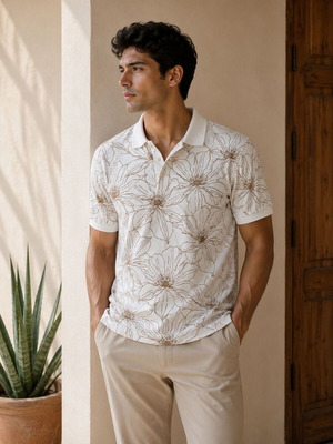 Men's Beige Floral Polo Shirt used, size M, regular fit