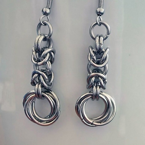 Chainmail earrings with Byzantine weave steel silver color new